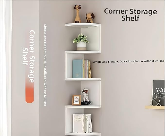 No-Drill Modern Corner Shelf Wall Mount, 5-Tier Floating Storage Rack, Corner Bookshelf with Hooks, Space-Saving Zigzag Plant Shelf for Bedroom, Living Room, Bathroom, Home Office(White)