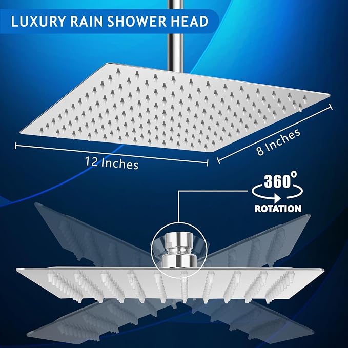 Voolan Rain Shower Head - High Flow Large Rainfall Shower Heads Made of Stainless Steel - Waterfall Bathroom Square Showerhead - Ceiling or Wall Mount (12 * 8 Inch Rectangle, Chrome)