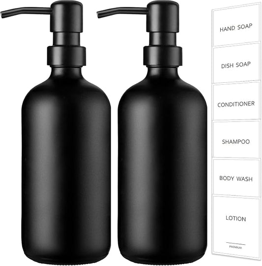 GMISUN Black Soap Dispenser, 2 Pack Matte Black Hand Soap Dispensers for Bathroom, 17 Fl Oz Glass Dish Soap Dispensers for Kitchen with Stainless Steel Pump, Modern Liquid Soap Bottle