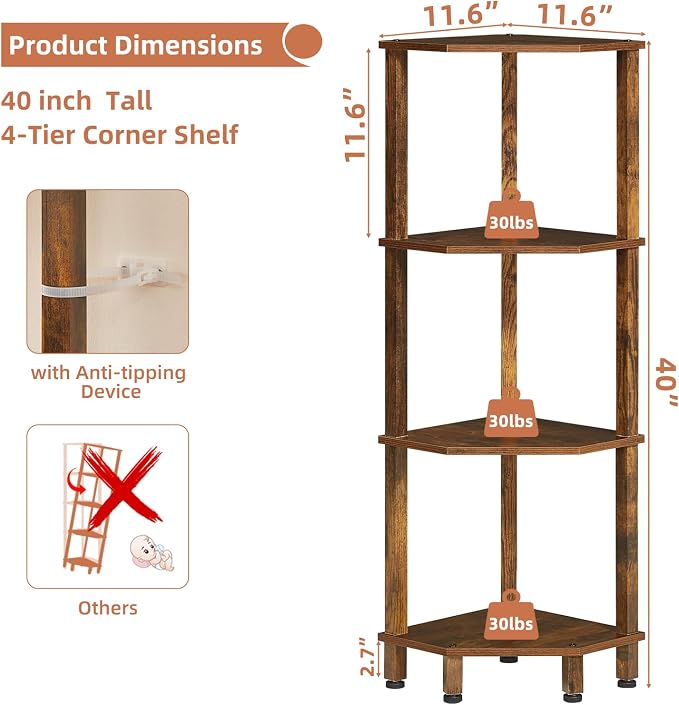 YUFAM 4-Tier Corner Shelf, Brown | Wooden Corner Bookshelf for Small Spaces, Corner Standing Shelf with Sturdy 5-Leg Base