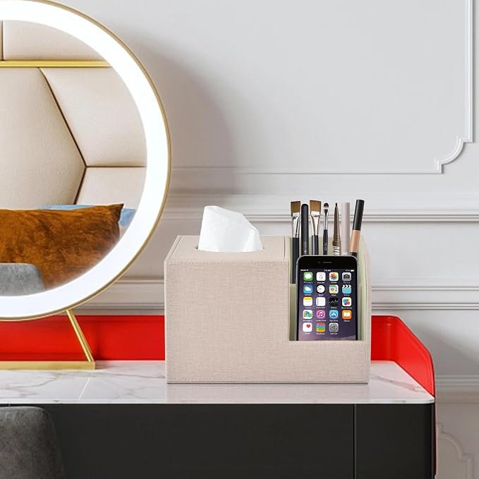 PU Leather Square Tissue Box Cover,Multifunctional Tissue Box Holder,Tissue Box with Storage,Tissue and Remote Control Holder,Tissue Box Decorative Desk Organizer for Home&Office,Beige