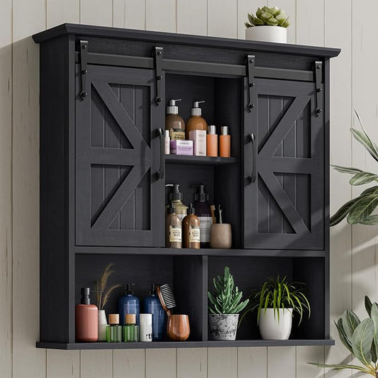 Vabches Bathroom Wall Cabinet, Farmhouse Medicine Cabinet, Black | Wooden Vintage Storage Cabinet Wall Mounted with Double Sliding Barn Door and Adjustable Shelf for Bathroom, Kitchen