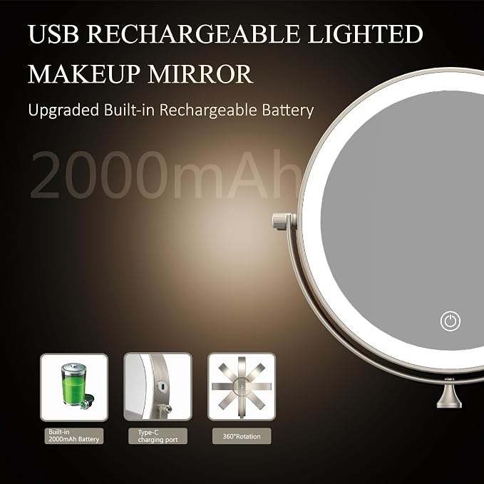 8" Wall Mounted Makeup Mirror,Oval Base, 10X, Brushed Nickel | Rechargeable Lighted Makeup Vanity Mirror,Double Sided Dimmable,Magnifying,3 Color Lighting,360 Rotation Shaving,Women Gift