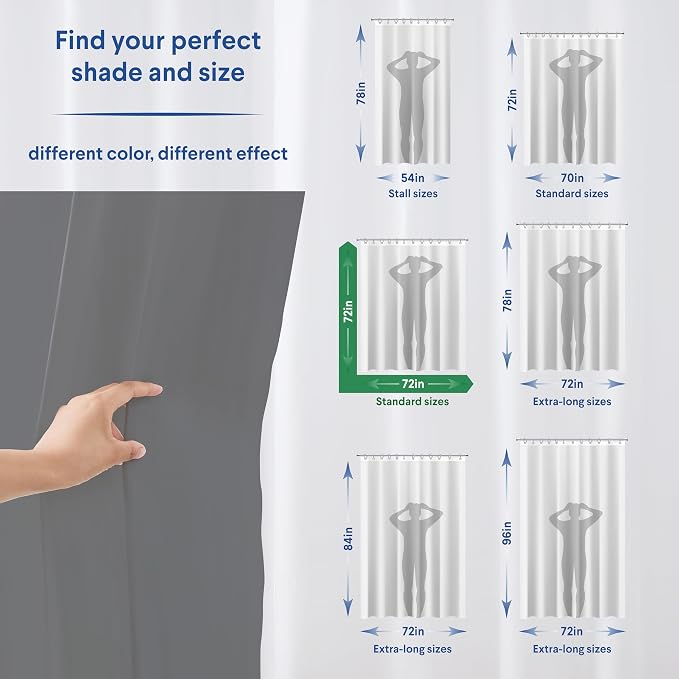 Clorox Shower Curtain Liner, Premium Colored Medium-Weight Durable Waterproof 6g PEVA for Bathroom with Weighted Magnets, Standard Size 72" x 72", Grey
