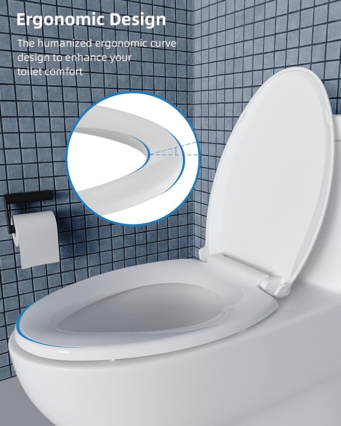 Hibbent Elongated Toilet Seat with Oval Cover, Soft Close Toilet Seat, Easy to Install,Never Loosen Hinge to Prevent Shifting, Non-slip Seat Bumpers and Easily Cleaning(White)