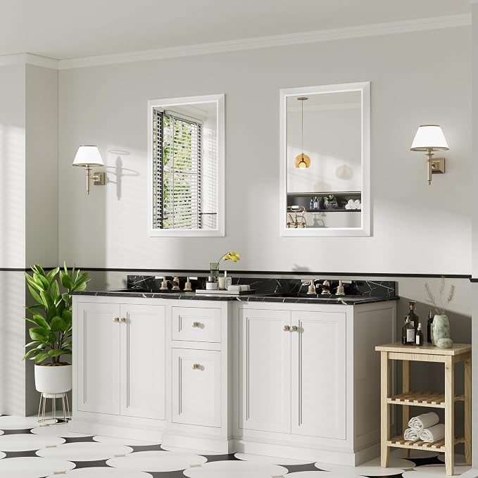 24x36 Inch White Bathroom Mirror for Wall, Thick Metal Framed Rectangle Mirrors for Over Sink, Bedroom, Living Room, Entryway, Anti-Rust, HD Tempered Glass