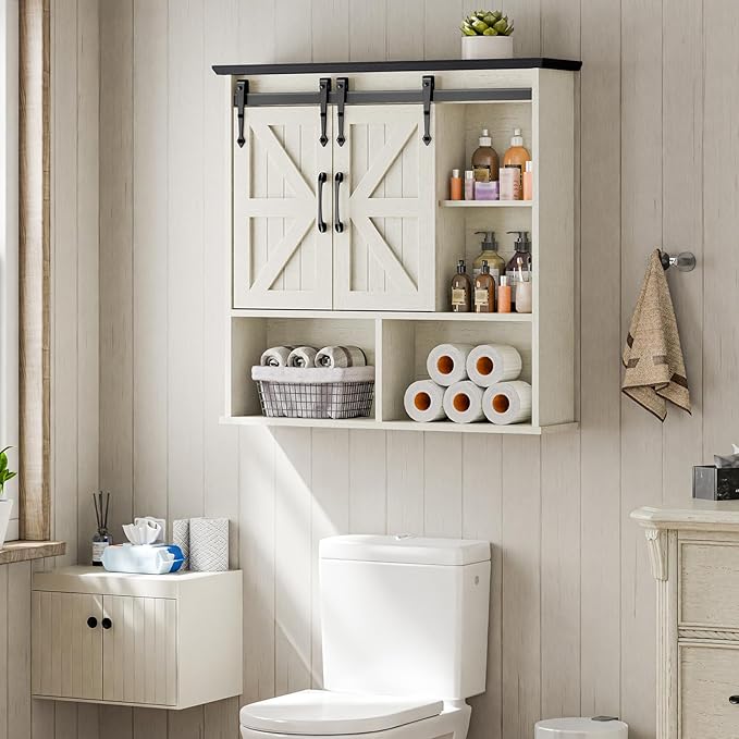 Vabches Bathroom Wall Cabinet, Farmhouse Medicine Cabinet, White and Black | Wooden Vintage Storage Cabinet Wall Mounted with Double Sliding Barn Door and Adjustable Shelf for Bathroom, Kitchen