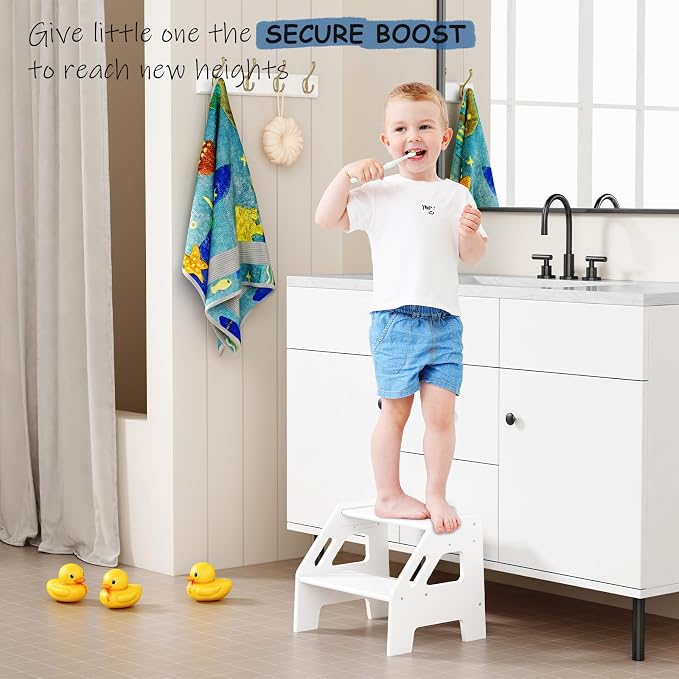 Harwaya White Wood Toddler Step Stool for Bathroom Sink, 2 Step Kids Stool for Toilet Potty Training, Baby Child Stepping Stool with Handles for Toddlers Nursery Kitchen Counter (White)