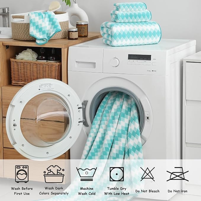 12 Pcs Aqua White Diamond Towel Set-4 Bath Towels,4 Hand Towels,4 Washcloths Soft Polyester Towels with Loop Absorbent Shower Towel Quick Dry Beach Chair Towel Family Towels for Bathroom Spa Gym Pool