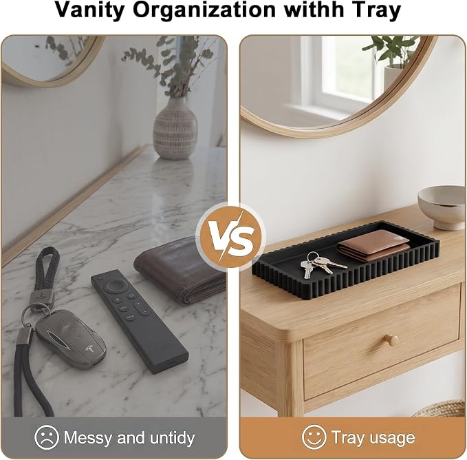 Bathroom Vanity Tray - 9.4''x3.9'' Silicone Bathroom Tray with Scalloped Edge, Counter Top Tray for Vanity Sink Countertop, Decorative Organizer for Cosmetics Jewelry, Rectangular, Black
