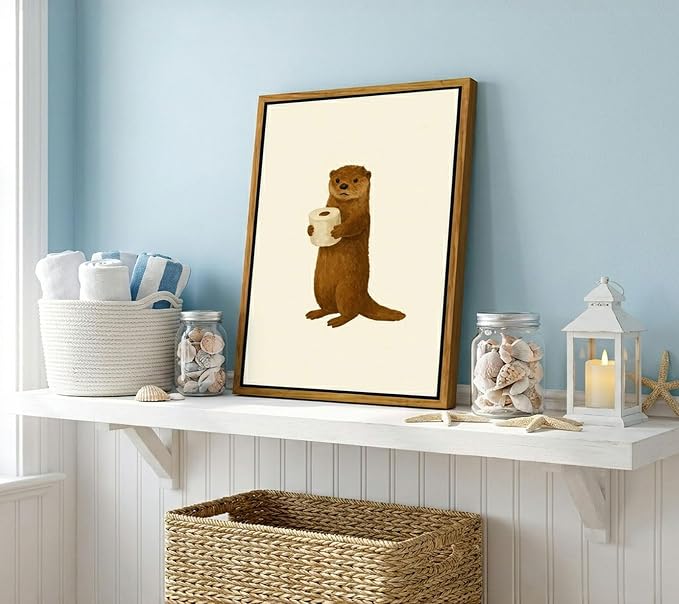 Floating Framed Funny Bathroom Otter Canvas Wall Art Cute Otter Painting Picture Wall Decor Humor Bathroom Animal Poster Print Artwork for Washroom Bathroom Toilet Home Decoration 16x24in