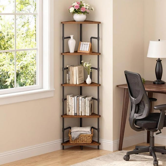 MAHANCRIS 5-Tier Corner Shelf, 52.8" Tall Corner Bookshelf with Metal Frame, Narrow Display Shelf Stand, Industrial Corner Bookcase for Living Room, Bedroom, Home Office, Rustic Brown CSHR5501