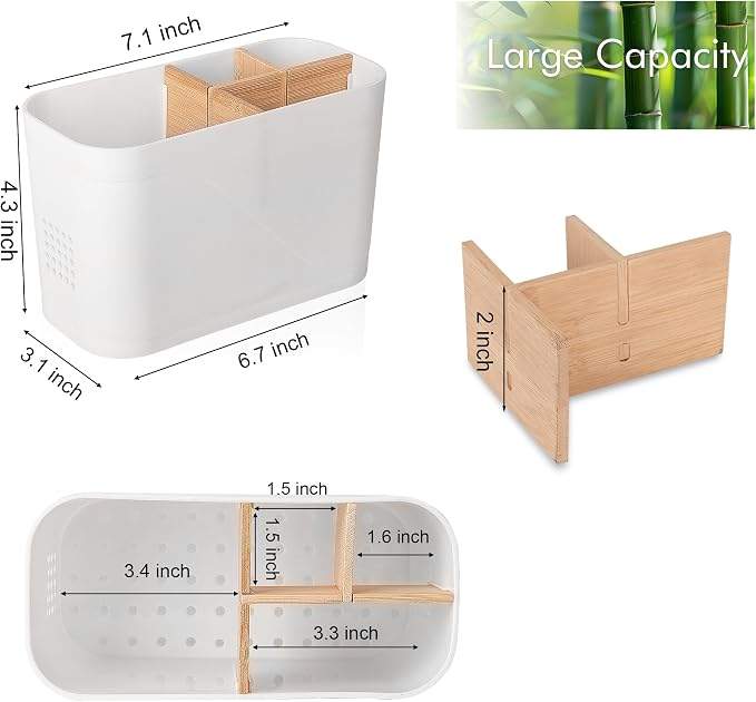 Toothbrush and Toothpaste Holder, 4 Slots, White | Bamboo Dividers, Kids Electric Tooth Brush Organizer for Bathroom Countertop Accessories Storage