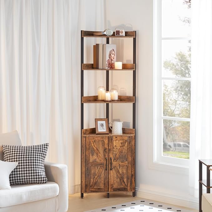 HOOBRO Corner Shelf with Storage, Tall Corner Cabinet, 5-Tier Bookshelf Stand, Storage Cabinet with Protective Fence, for Living Room, Rustic Brown and Black BF78CJ01