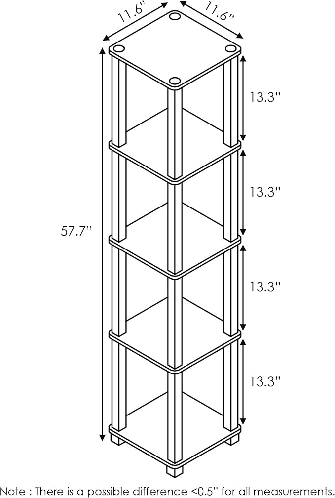 FURINNO Turn-S-Tube 5-Tier Corner Square Rack Display Shelf, Walnut/Brown | Open Frame, Corner Shelf, Free Standing Open Shelves, for Organization and Storage, Living Room, Garage, Home Office