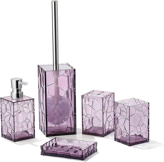 YAUKPH Clear Acrylic Bathroom Accessories Set | Includes Soap Dispenser Toothbrush Holder Cup Soap Dish and Toilet Brush 5 Piece (Lavender Purple)