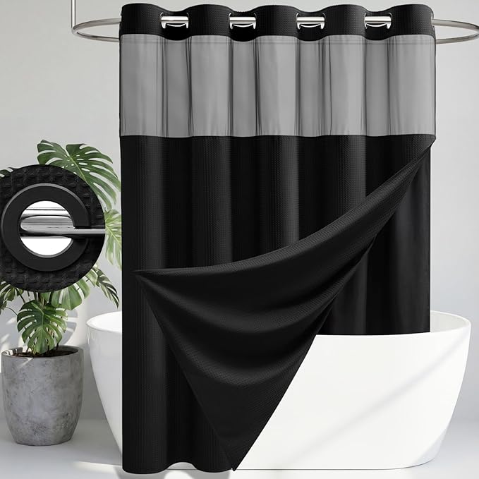 Black Hook Free Waffle Shower Curtain & Snap-in Fabric Liner,72x75 | Less Time to install, 3 in 1 Fabric Shower Curtain and Liner Set with Magnets, Mesh Top Window, Shower Curtains for Bathroom