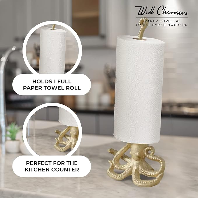Gold Paper Towel Holder, Metal Toilet or Kitchen Paper Holder for Floor or Countertop, Gold Octopus | 18.6 inch tall gold cast iron hand towel holder for kitchen countertop or bathroom with weighted base, no assembly
