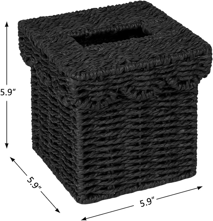 CubesLand Square Wicker Tissue Box Cover W/Scalloped Lid for Home Decor | Rustic Farmhouse Boho Facial Tissues Boxes Holder fits Bathroom Living Room Table Decor, Handwoven, Black