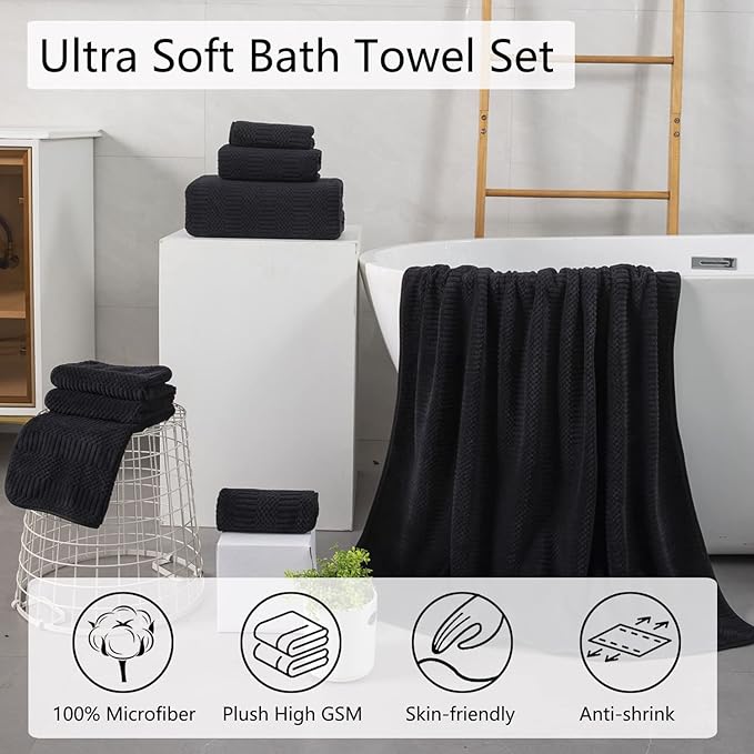 2 Piece Black Geometric Hand Towel Set 16"x31" Soft Highly Absorbent Quick Dry Bathroom Towels Microfiber Plush Towels Set Woven Towels for Kitchen Hotel Spa Gym