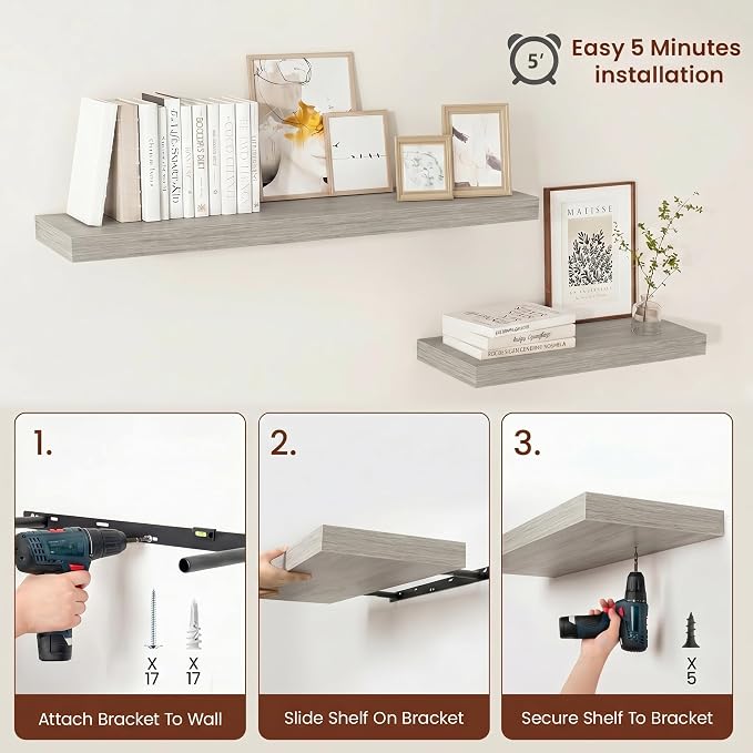 Vivelove Square Floating Shelves 12x12” Set of 2, Grey | Easy Install with Hardware, Invisible Brackets, No Sagging, Living Room Display Shelf, 2" Thick，Engineered Wood