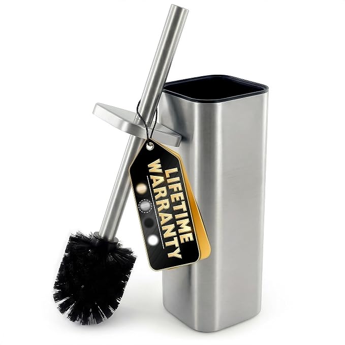 Stainless Steel Toilet Brush and Holder Set, Rounded Square (Silver) | Toilet Bowl Brush and Holder, Removable Inner Bowl, Dense Bristles, Long Handle, Hand Guard, Scratch Resistant, for Bathrooms