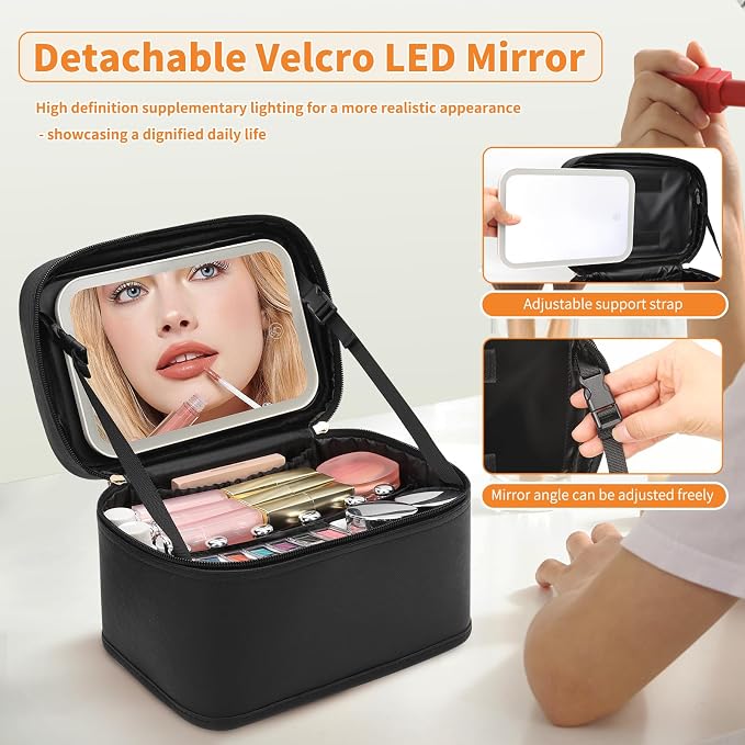 Makeup Bag With LED Mirror, Travel Makeup Bag With 3 Color Setting Light Up Mirror Cosmetic Makeup Organizer Vanity Case for Women Beauty Tools Accessories Rechargeable Makeup Travel Bag-Black