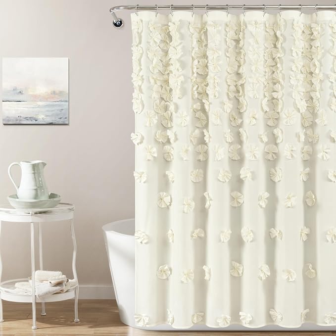 Lush Decor Riley Shower Curtain, 72" W x 72" L", Ivory - Bathroom Curtain - Coquette Decor - Bow Shower Curtains - Cottage Core - Fabric Shower Curtains