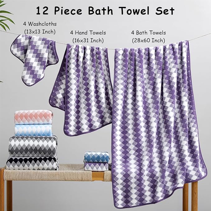 12 Pcs Purple White Diamond Towel Set-4 Bath Towels,4 Hand Towels,4 Washcloths Soft Polyester Bath Sheet with Loop Absorbent Shower Towel Quick Dry Beach Chair Towel Family Towels for Bathroom Spa Gym
