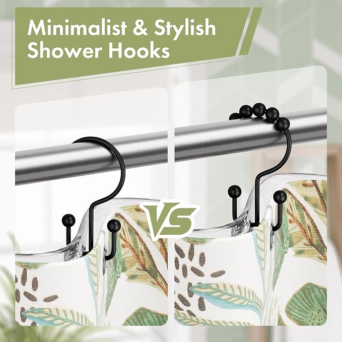 Shower Curtain Rings, Rust-Resistant Metal Double Shower Hooks for Curtain Rolling Shower Curtain Hooks Rings Shower Rings for Bathroom Shower Curtain Rod, Matte Black, Set of 12 Rings