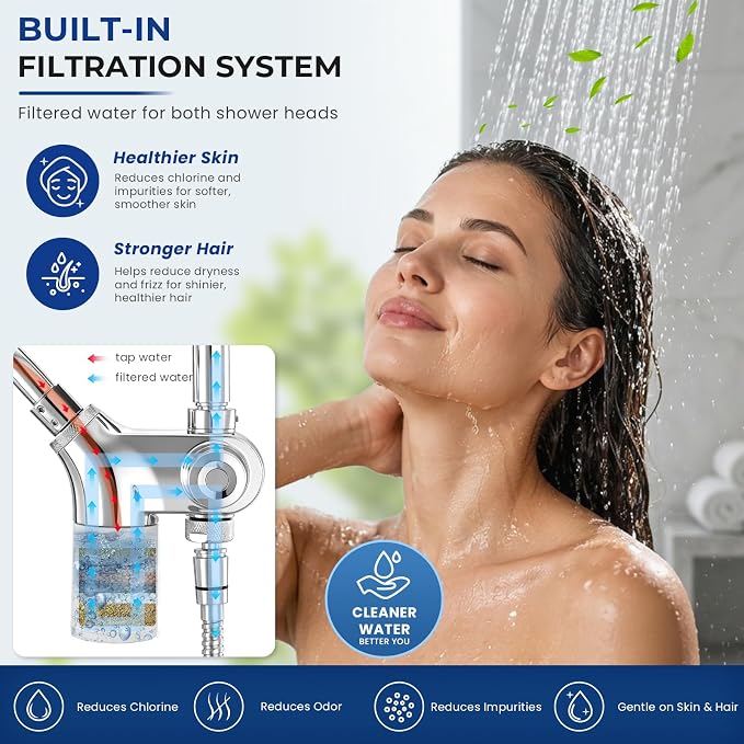 Upgraded Dual Shower Heads Combo, 10 inch Filtered Shower Head with Handheld, 3-Way Rain Shower Head with Filters, 7 Settings Handheld Spray, High Pressure, Height Adjustable (Silver)