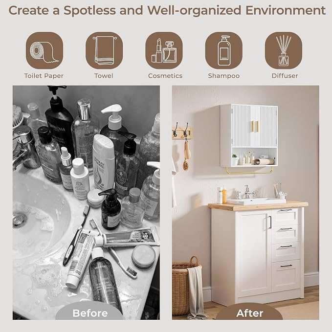 Bathroom Wall Cabinet, Medicine Cabinet with Fluted Door & Adjustable Shelf | Over The Toilet Storage Cabinet with Towel Bar, Space-Saving Cabinet Wall Mount for Laundry Room, Kitchen, Living Room