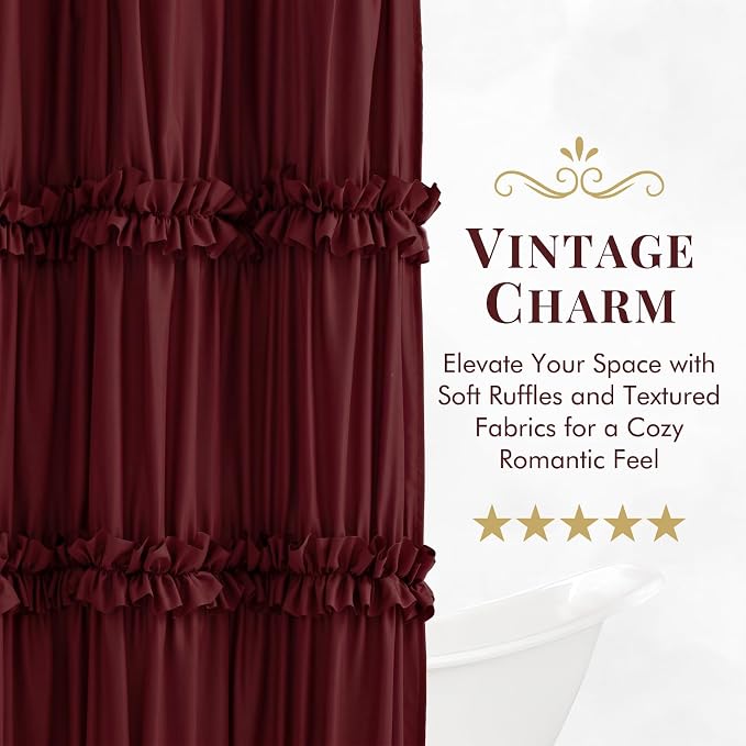 LIPA Boho Shower Curtain Rustic Ruffle Shower Curtain with Ruched & Bow Vintage Farmhouse Shower Curtains for Bathroom Bohemian Bathroom Decor(Burgundy,72x72 Inches)
