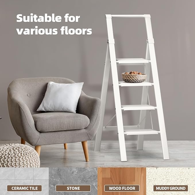 HillhutApex Aluminum 4 Step Ladder, Step Stool Foldable Ladder(White) | Stepladder with Handgrip,Anti-Slip Pedals,330lbs Capacity,Lightweight Folding Ladder for Home,Office,Libaray
