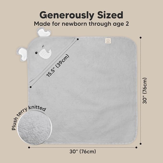 KeaBabies Hooded Baby Towel for Newborn, Baby Bath Towels (Elephant, 30x30) | Viscose Derived from Bamboo, Large Baby Towels with Hood, Boys, Girls, Toddler, Soft Absorbent Baby Bath Essentials