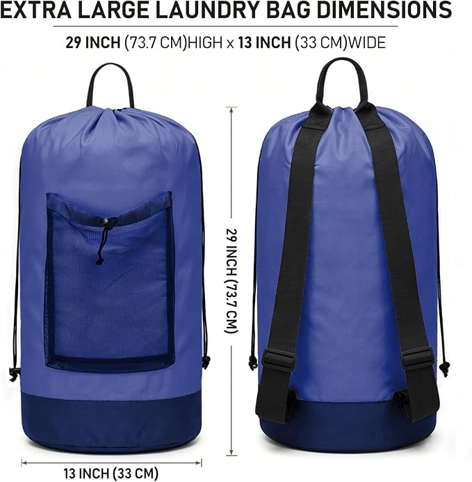 Backpack Laundry Bag, Durable polyster Laundry Backpack Bag with Shoulder Straps, Drawstring Closure & Mesh Pocket, Large Clothes Hamper for Dorm, Travel, Laundromat (Blue)