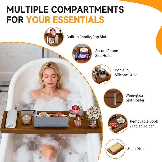 Foldable Bathtub Tray Caddy with Soap Dish Adjustable29.5-43''Walnut | Bamboo Bath Table Trays with Non-slip Pads, Wine Glass Holder, Adjustable Tablet Book Stand, Spa Bath Essentials Organizer
