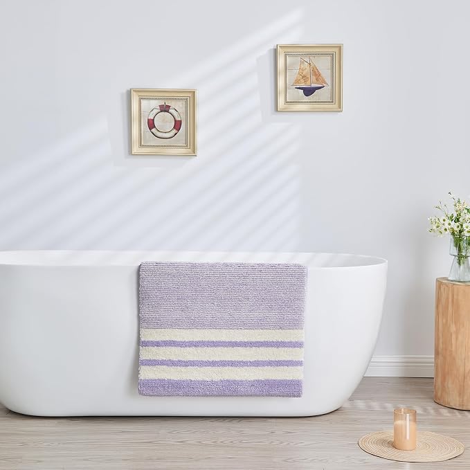 CozeCube Purple Striped 36"x24" Non Slip Washable Bath Mat | For Bathroom, Fluffy Absorbent Microfiber Bath Mats Machine Wash, Stylish Large Aesthetic Bathroom Rugs