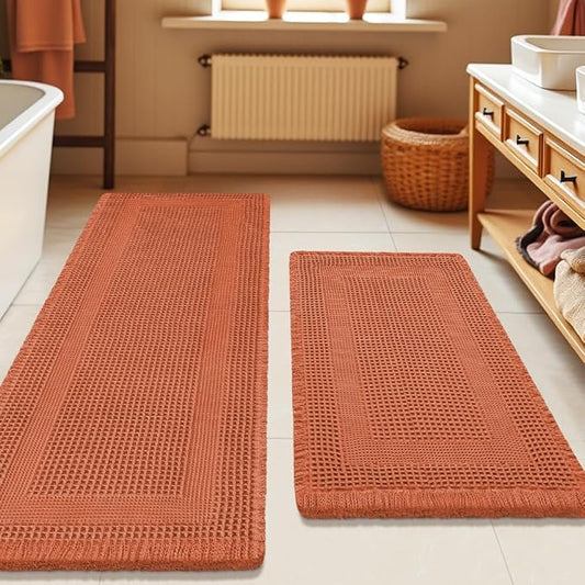 Upgrade Waffle Bath Mat Set 2 Piece, Boho Bathroom Rugs Absorbent Non Slip, Ultra Soft Bathroom Mat, Machine Washable Knit Bath Rugs with Tassels for Bathroom, Bedroom, Kitchen, Shower, Burnt Orange