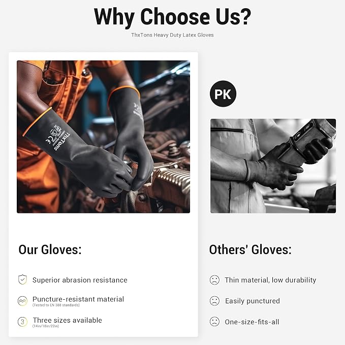 ThxToms Chemical Resistant Gloves, Puncture Resistant,Latex | Heavy Duty Rubber Gloves, Acid Oil & Alkali Resistant for Industrial Cleaning, Auto Repair, Mechanics, 18", 1 Pair