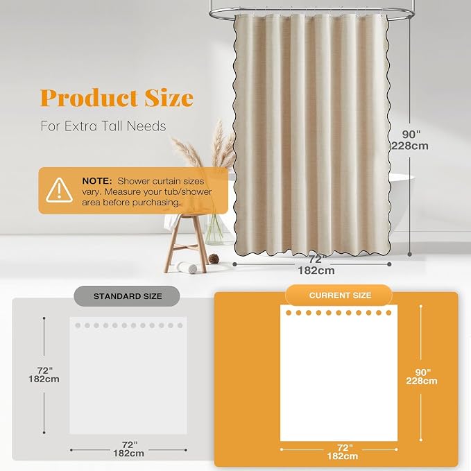72x90 Boho Scalloped Linen Textured Cloth Shower Curtain, Beige/Cream | Long Size, 230GSM Waterproof Polyester, Heavy Duty Fabric, 12 Plastic Hooks, Elegant Modern Farmhouse Style, Machine Washable