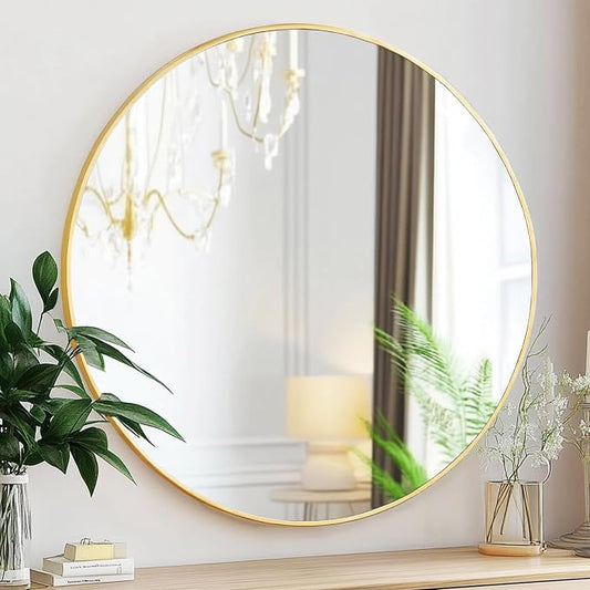 Gold Round Mirror 40 inch, Gold Bathroom Mirror,Brushed Metal Frame | Brushed Gold Metal Frame, High Definition, Rust-resistant, Easy installation, Restroom, Cloakroom, Guest Room, Hallway