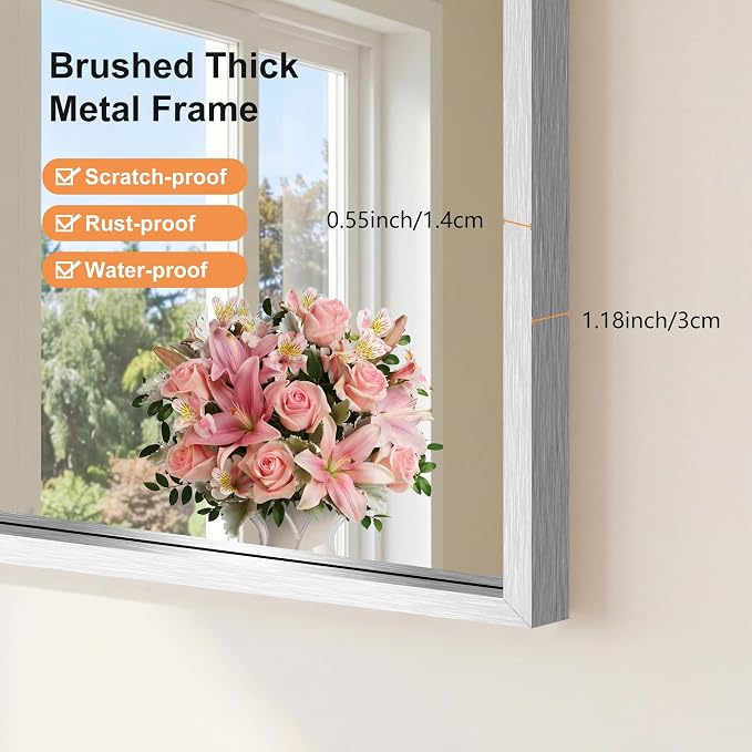 COFENY Bathroom Mirror, 30x55 Brushed Silver Rectangle Mirrors, Thickened Deep Metal Frame Bathroom Vanity Mirrors for Over Sink, Bedroom, Entryway, HD Tempered Glass, Horizontally or Vertically