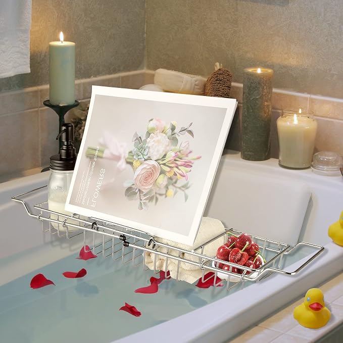 HOMEE Stainless Steel Shower Caddy Tray with Removable Book Holder Silver | European Style Extendable Rectangular Bathroom Tray for Shower Bath Phone IPad Book Holder Candleholder Table Shelf