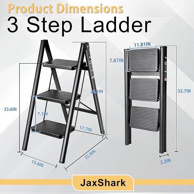3 Step Ladder Folding Step Stool Carbon Steel Frame | 500LBS Capacity Sturdy Anti-Slip Thick Pedal & Feet Portable for Home Kitchen Garage (black-3step)