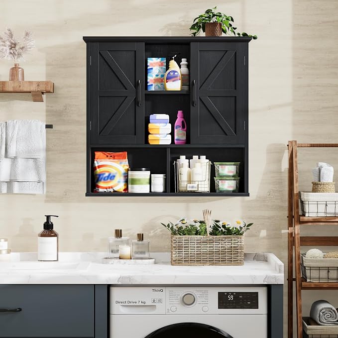 Vabches Bathroom Wall Cabinet, Farmhouse Medicine Cabinet with Double Barn Door and Adjustable Shelves, Wooden Vintage Storage Cabinet Wall Mounted for Bathroom, Kitchen Dining, Rustic Black