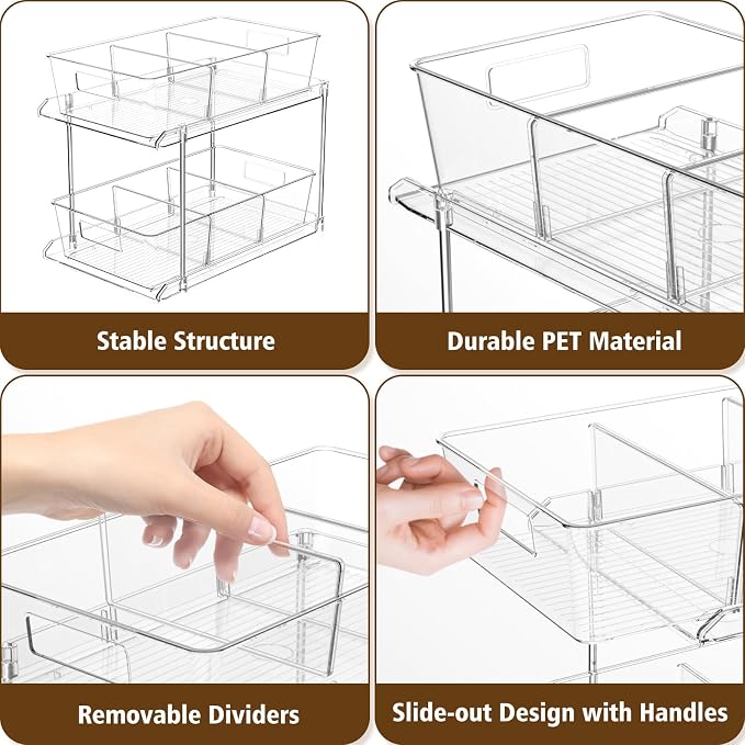 Bathroom Under Sink Organizers and Storage, 2 Tier, 2 Packs | Clear Vanity Countertop Pull-out Cabinet Organizer, Stackable Multi-Purpose Kitchen Pantry Organization with Dividers