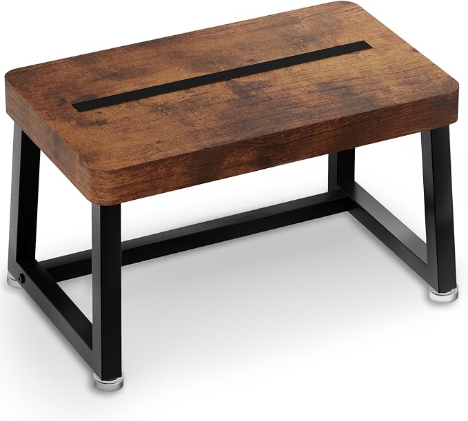 Wooden Step Stool for Adults Small Bed Step Stool with 500LB, Brown | Small Step Stool, Heavy Duty, Non Slip, Anti Tipping, Adjustable Feet, Foot Stool for Kitchen Bedroom Bathroom Living Room