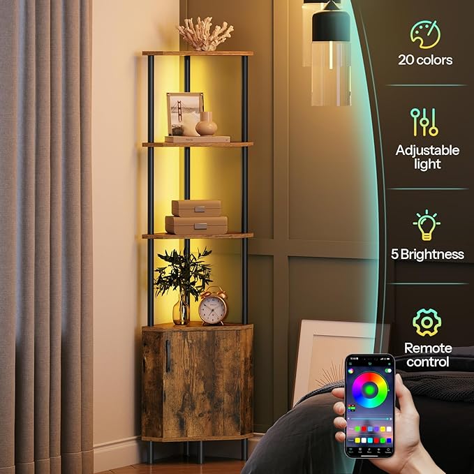 HOOBRO Corner Cabinet with LED Light, Corner Shelf Stand with Storage and Doors, 5-Tier Industrial Corner Bookshelf, 59” Tall Display Rack Shelf, for Living Room, Kitchen, Rustic Brown BF147DCJ01
