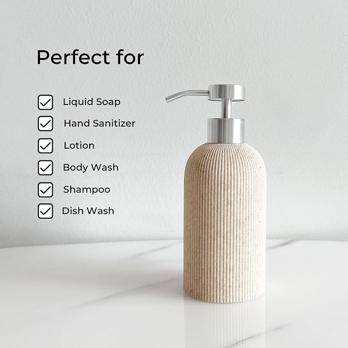 Sand Beige Soap Dispenser with Stainless Steel Pump, 7oz | Luxury Farmhouse Boho Zen Style, Sandstone Finish, Lotion & Dish Soap Dispenser for Bathroom and Kitchen